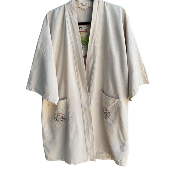 Health Vintage Woven Raw Silk Embroidered Garden 3/4 Sleeve Kimono Jacket Tan M - Picture 1 of 9